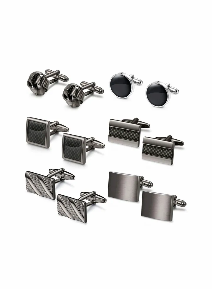 6 Pairs Cufflinks for Men Classic Cuff Links Mens Tuxedo Shirt Wedding Groom Business Silver Black Set Father's Gift