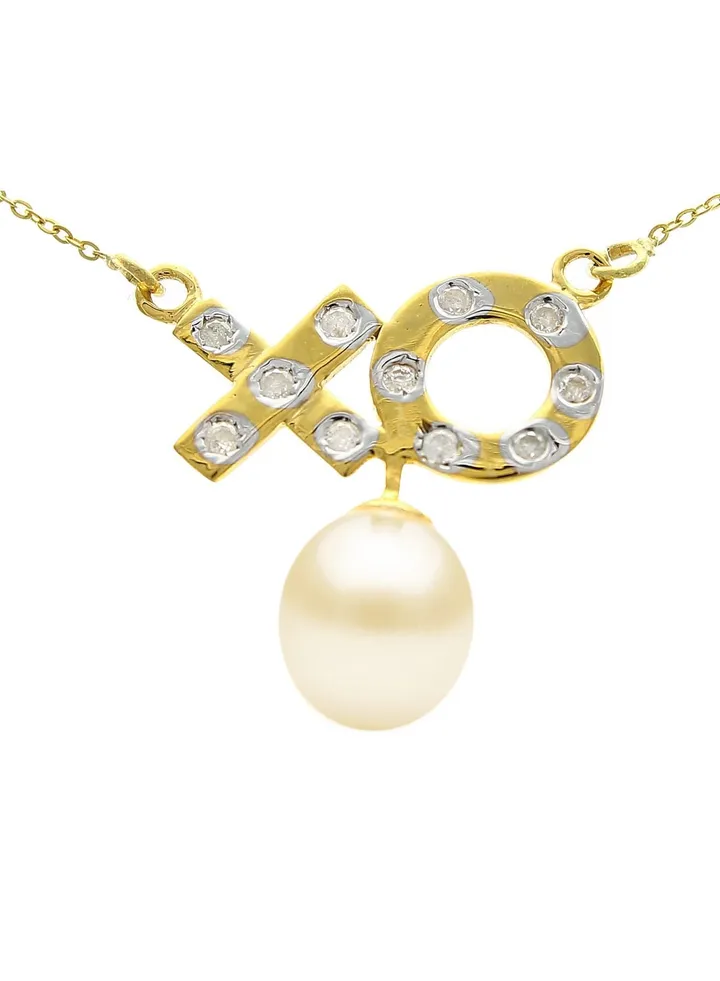 18K Solid Gold And 0.11Cts Diamonds XO Necklace with 7mm Genuine Pearl