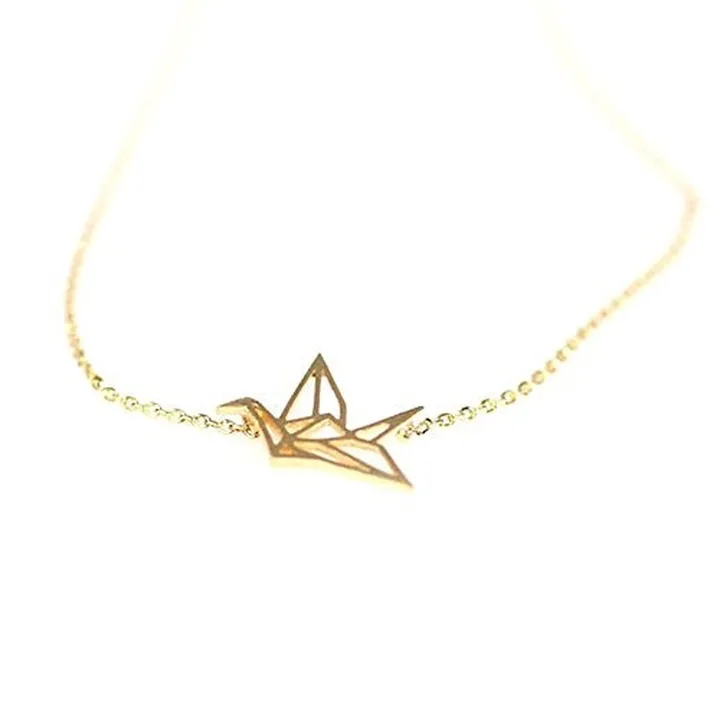 Brass Origami Crane Outline Pendant Necklace