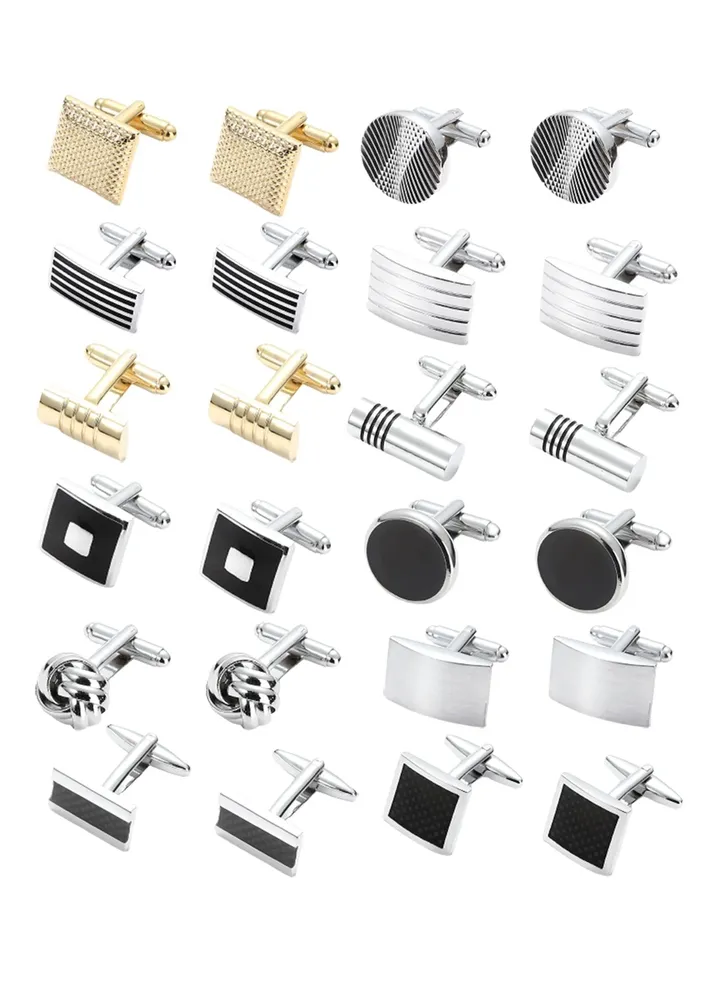 12 Pairs Cufflinks for Men Classic Tone Cuff Links Silver Black Striped Disc Square Rectangle Cuff Links Shirt Suit Men’s Cufflinks For Wedding Groom Business Elegant Gift