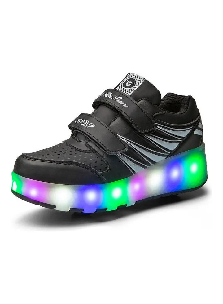 Kids Led Light Weight Running Double Round Low Top Sneakers Black