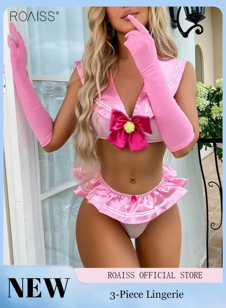 3-Piece Of Sweet Uniform Underwear Sweet And Lively Pink Sailor Collar Underwear Mesh Thong Satin Waist Decoration