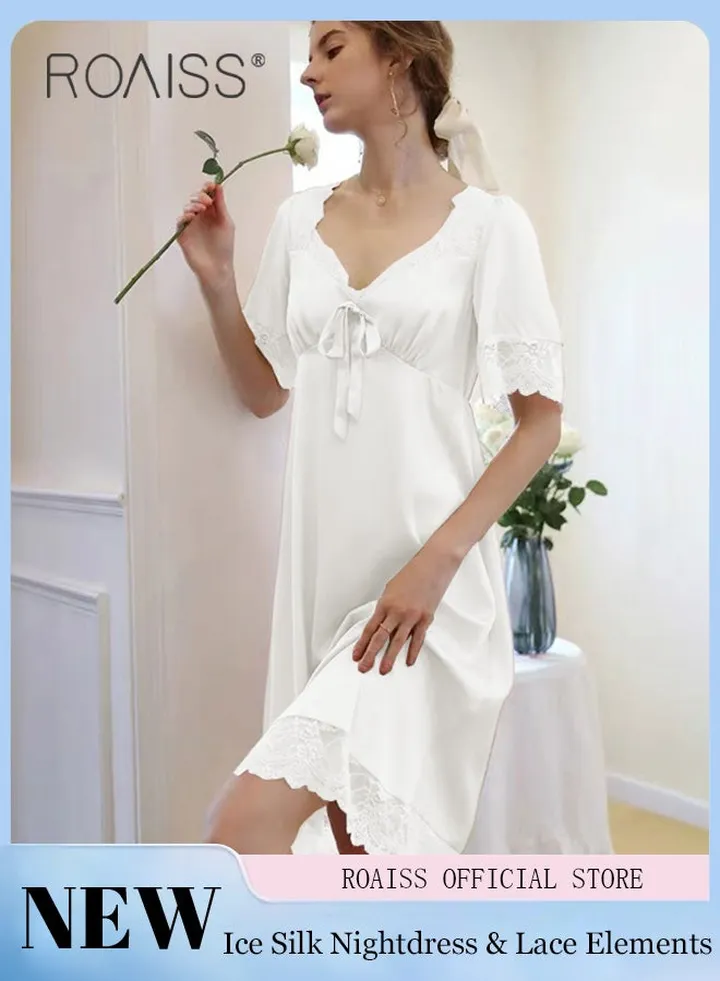 Silk Satin Nightdress Women's Short Sleeves Lace Pajamas Shirt Dress Soft Sweet Lingerie Dress Ladies Nightgown Sleepwear Mid Length Casual Loose Thin Loungewear Light Pink