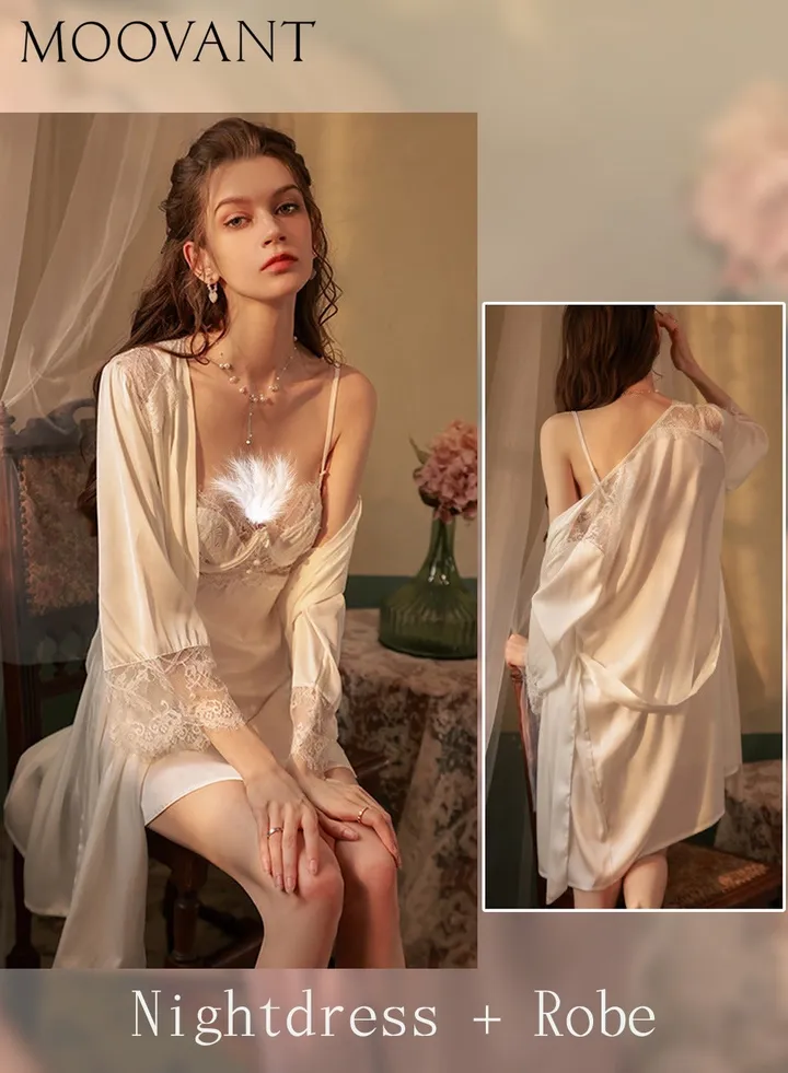 2-Piece Women Sling Nightdress Set Nightgown + Robe + Belt Push-up Lace Nightdress Romantic Sweet Home Dress Elegant Pajamas Set Loungewear White
