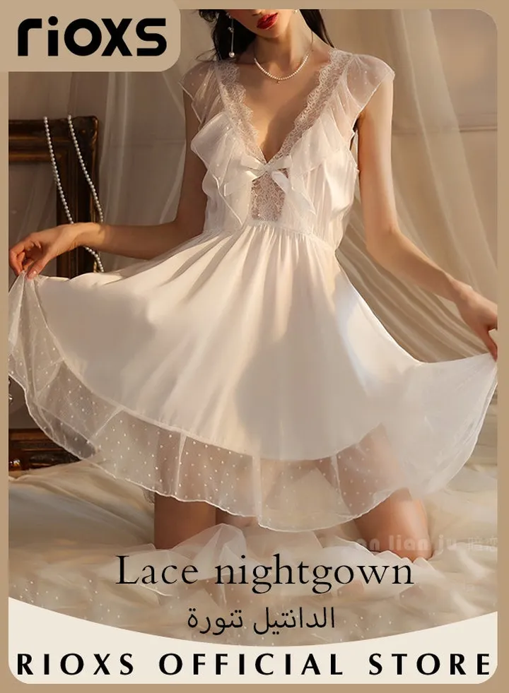 Women's Lace Satin Sleeveless Nightgown Lingerie Set V-neck Backless Mesh Hem Stitching Dress for Home Sleepwear