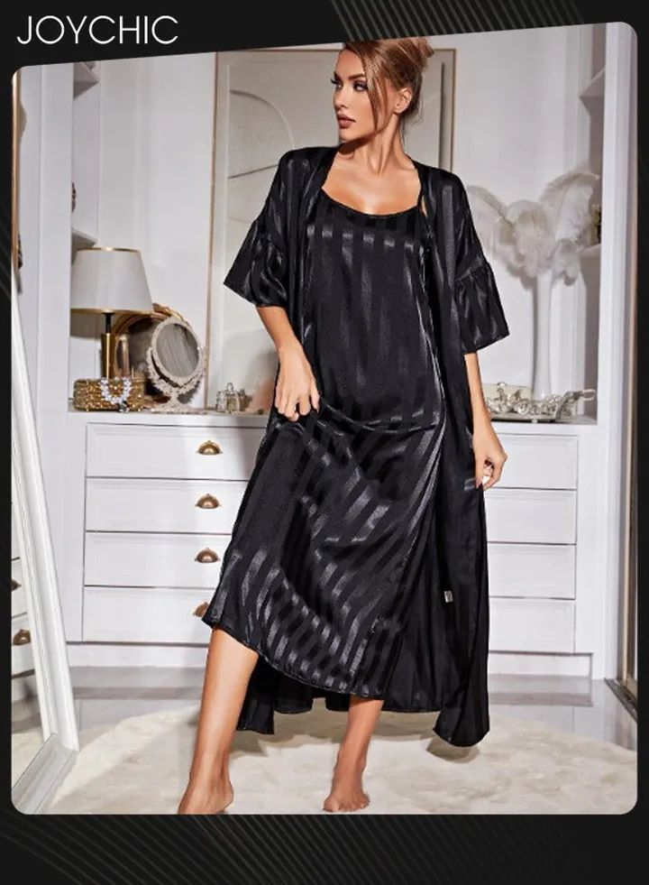 2-piece Women Pajamas Set Sleep Robe+Suspender Night Dress Female Ice Silk Long Sleeves Nightgown Home Clothes Black