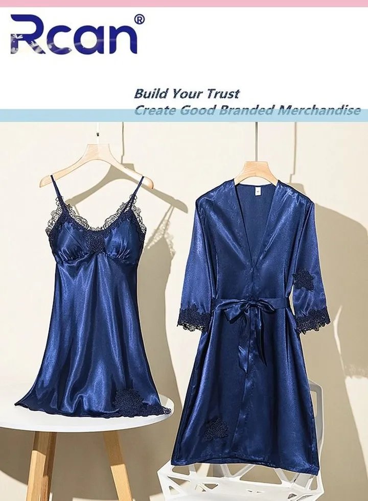 2 Pieces Fashion French Style Pajamas Ice Silk Satin Removable Chest Pad V Neck Suspender Dress Sleepwear Nightdress Loungewear Skirt and Robe Set Plus Size for Women