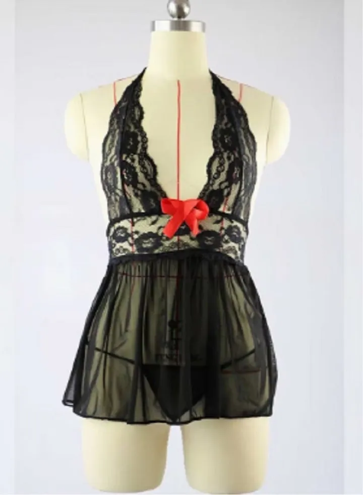 Homewear Women's Hanging Neck Sleepwear Summer Nightwear Lace Dress Black