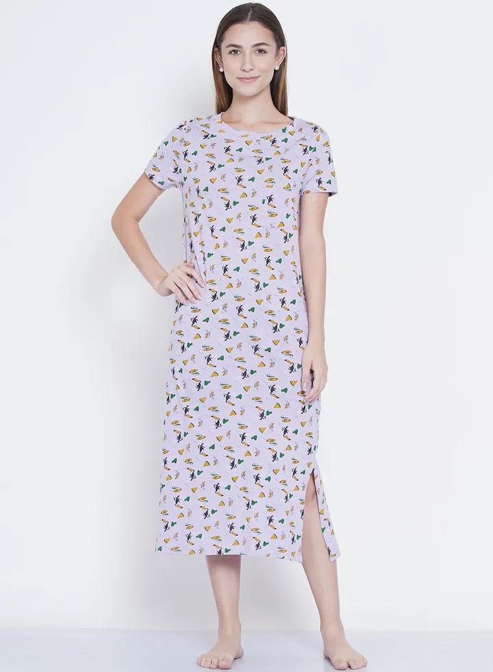 Casual Printed Night Gown Lilac Purple