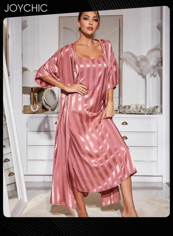 2-piece Women Pajamas Set Sleep Robe+Suspender Night Dress Female Ice Silk Long Sleeves Nightgown Home Clothes Pink