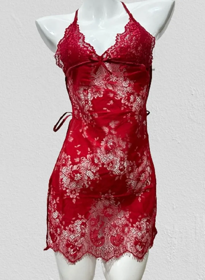 Women Backless Lace Detail Nightdress Wine Red