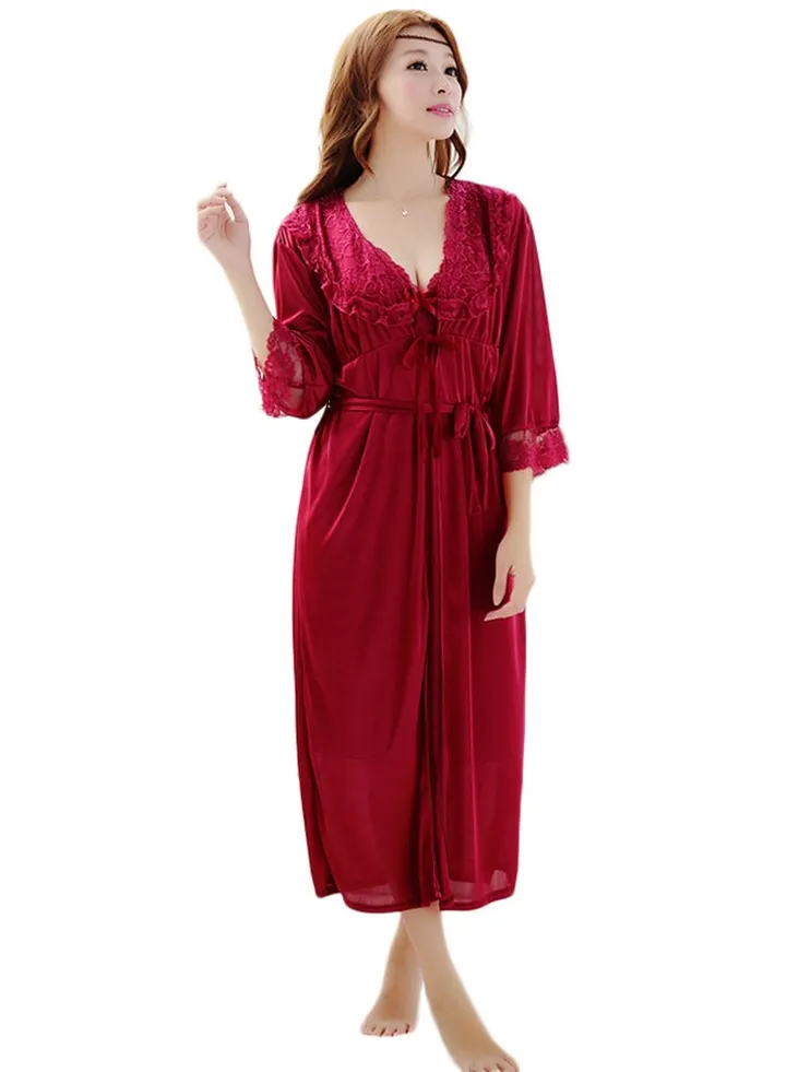 Lace Trim Nightie and Robe Burgundy