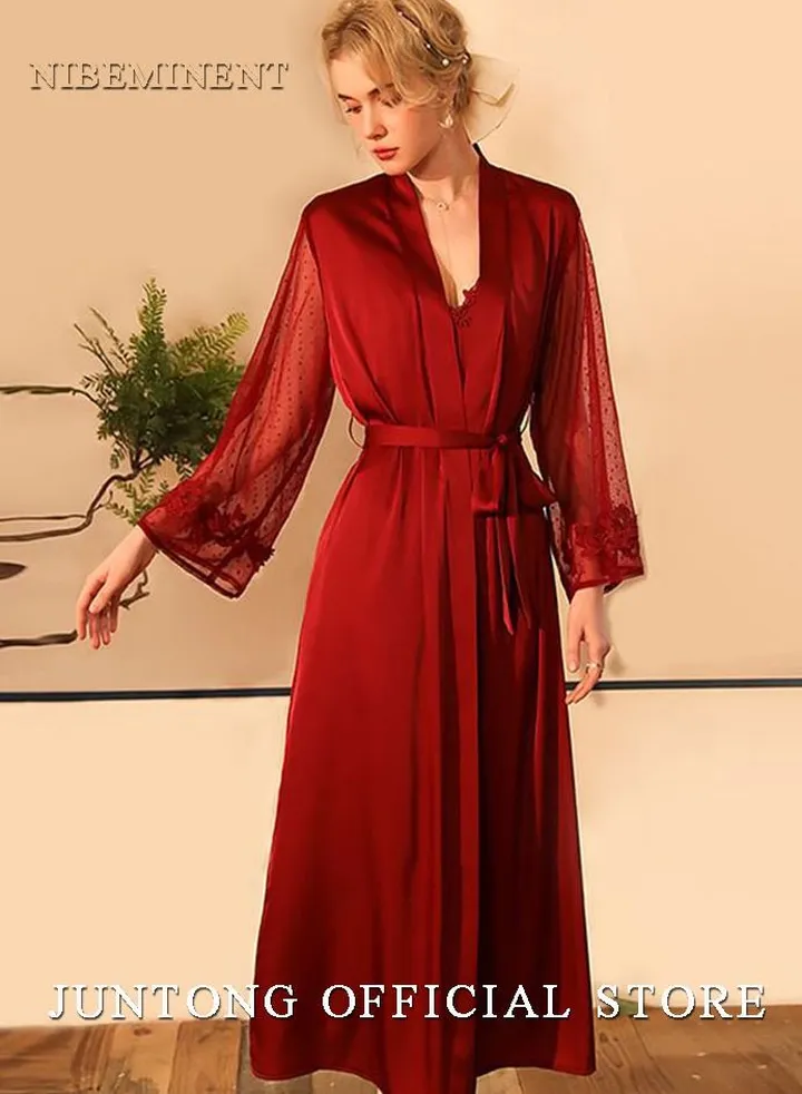 2 Piece Nightgown Set Women's Sweet Nightdress Lace Lingerie Sleepwear Home Dress Set Romantic Elegant Pajamas Ladies Robe Loungewear