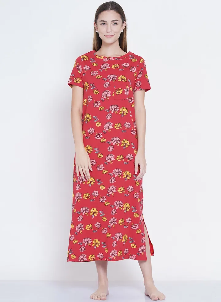 Casual Printed Night Gown Red/Yellow/Pink