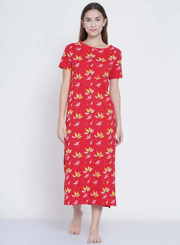 Casual Printed Night Gown Red/Yellow/Beige