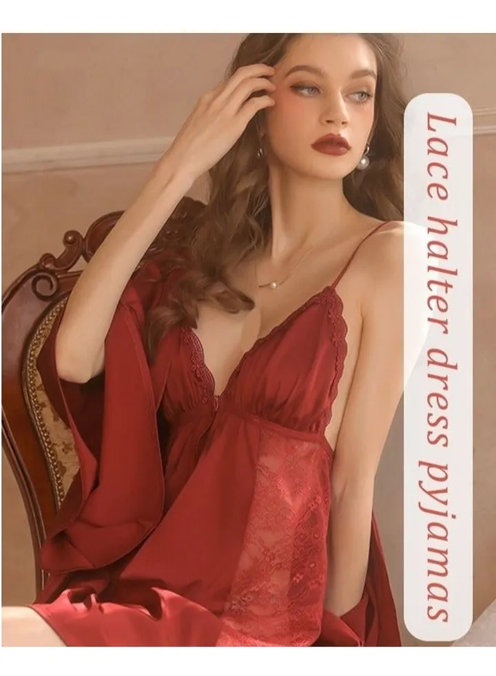 2 Piece Nightgown Set Women's Sweet Halter Nightdress Lace Lingerie Sleepwear Home Dress Romantic Elegant Pajama Ladies Spring Autumn Robe Loungewear