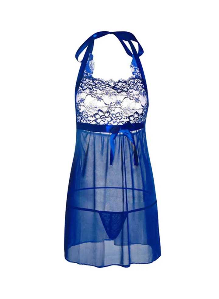 Lace Embroidery Sleepwear Nightdress Blue