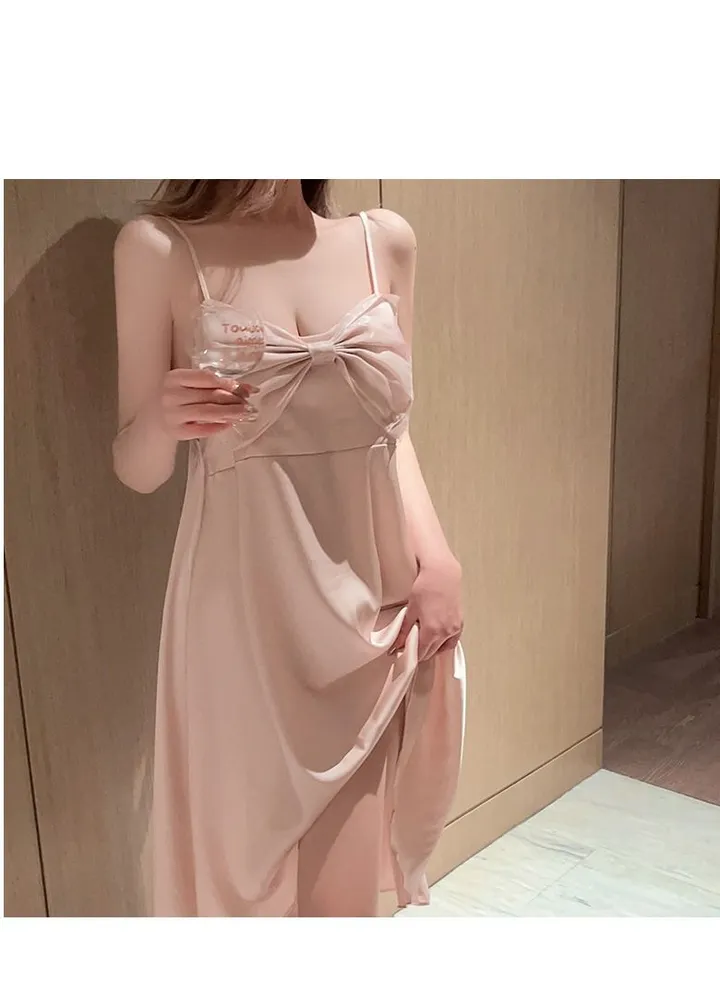 Bowknot ice silk suspender nightdress