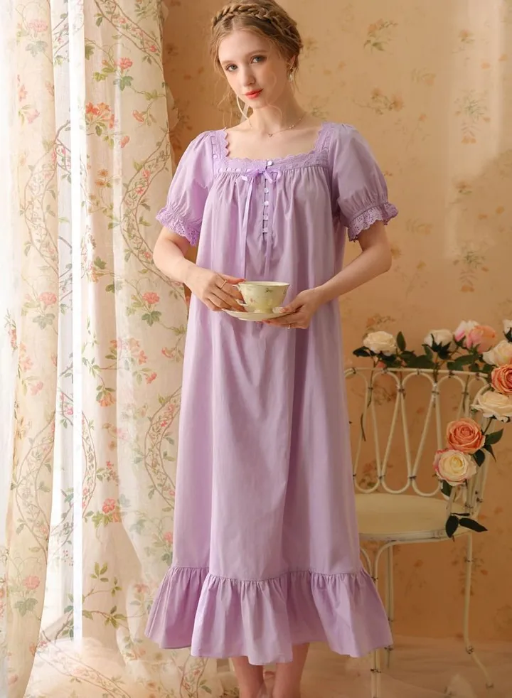 Women's Retro Casual Nightgown Short Sleeve Palace Style French Princess Pure Cotton Maxi Pajama Dress
