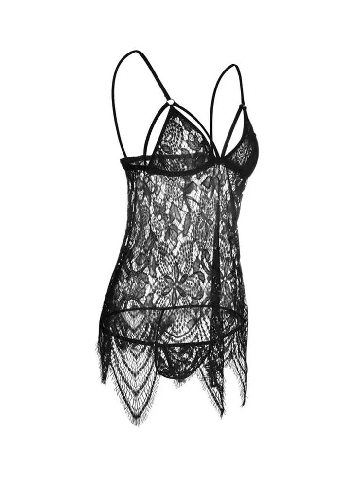 Lace Embroidery Sleepwear Nightdress Black