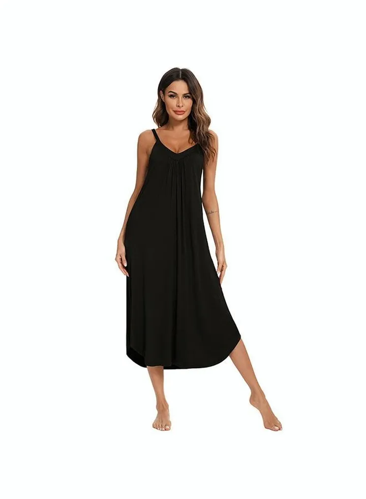 Women's Cotton Sleeveless Nightdress Classic Solid V-Neck Dress Comfortable Breathable Pleated Long