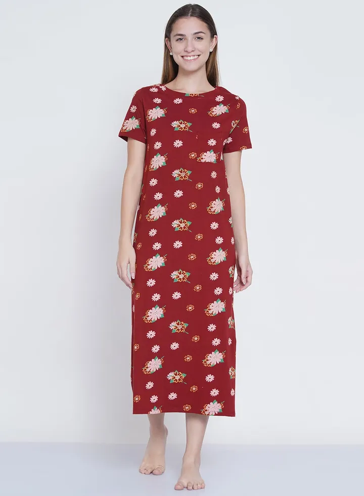 Casual Printed Night Gown Maroon/Pink/Green