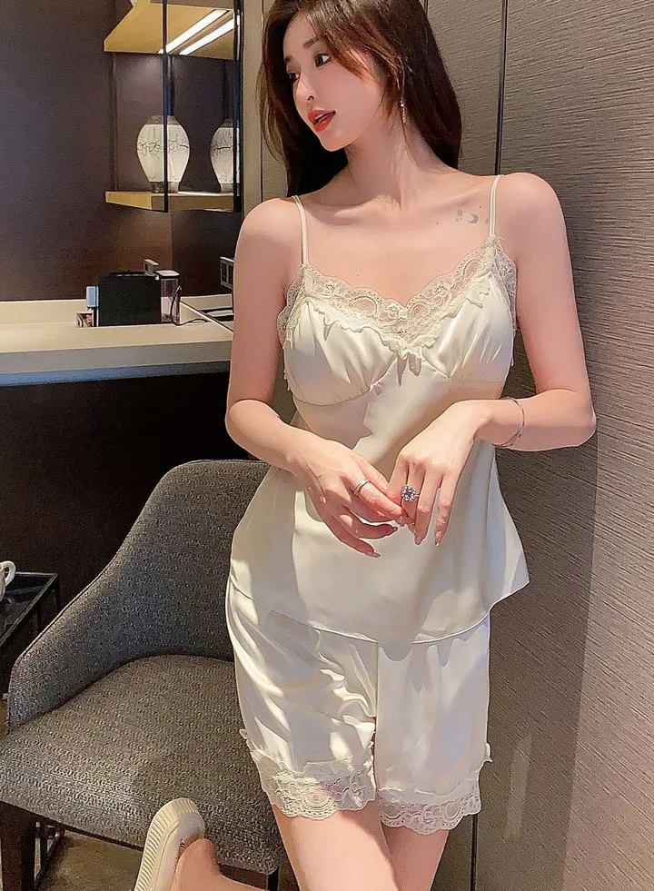 Ice Silk Suspender Shorts Lounge Clothes Lace Pajamas