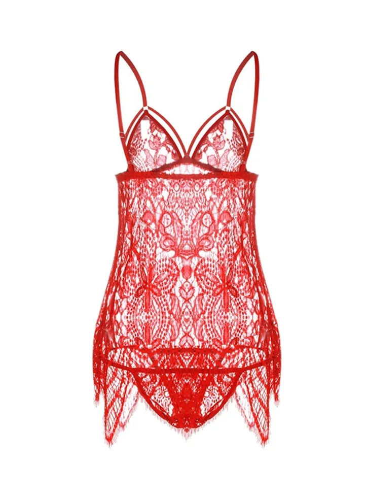 Lace Embroidery Sleepwear Nightdress Red