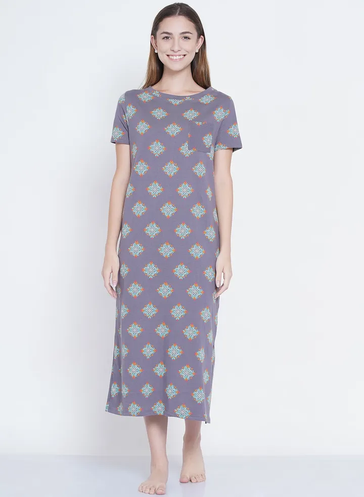 Casual Printed Night Gown Grey/Blue