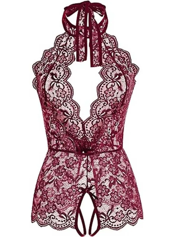 Women One Piece Lingerie Lace Baby Dolls Teddy Deep V neck Halter Bodysuit Chemise Sleepwear Nightwear Nightdress Nightgown