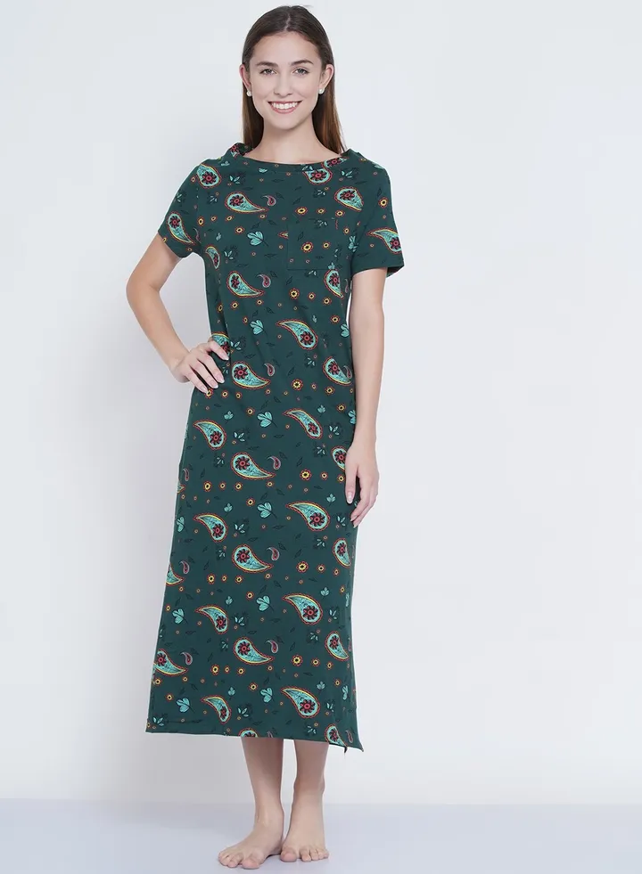 Casual Printed Night Gown Dark Green/Blue