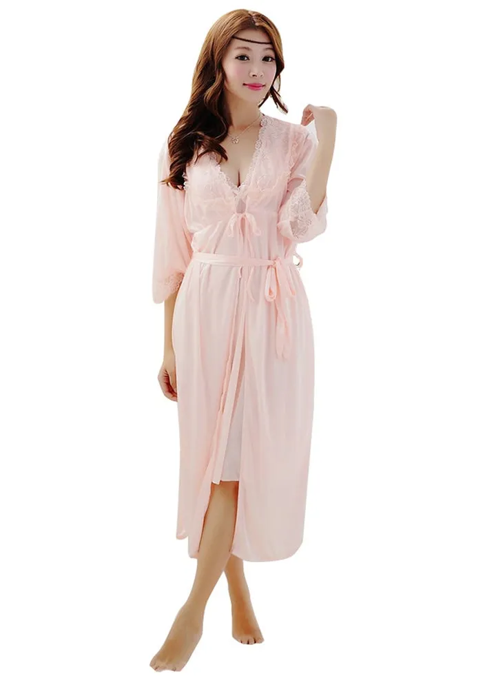 Lace Trim Detail Nightdress With Robe Pink