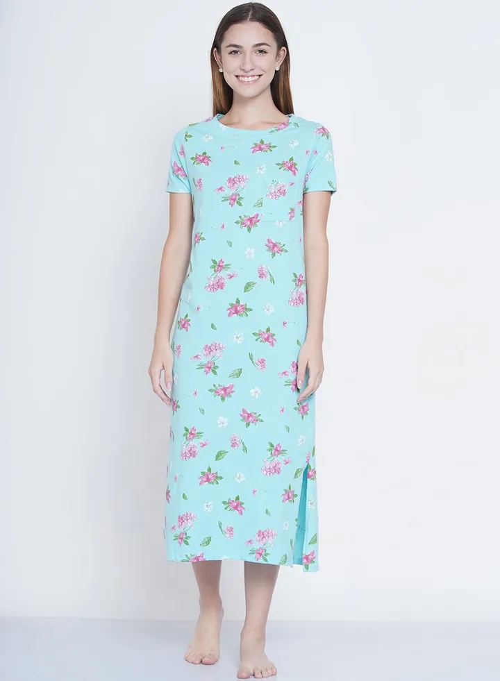 Casual Printed Night Gown Mint/Pink/Green
