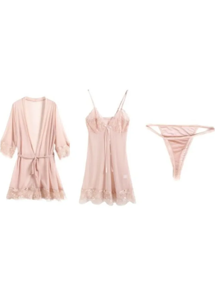 3-Piece Lace Trim Nightdress Suitable For Weight 40kg To 50kg Pink S