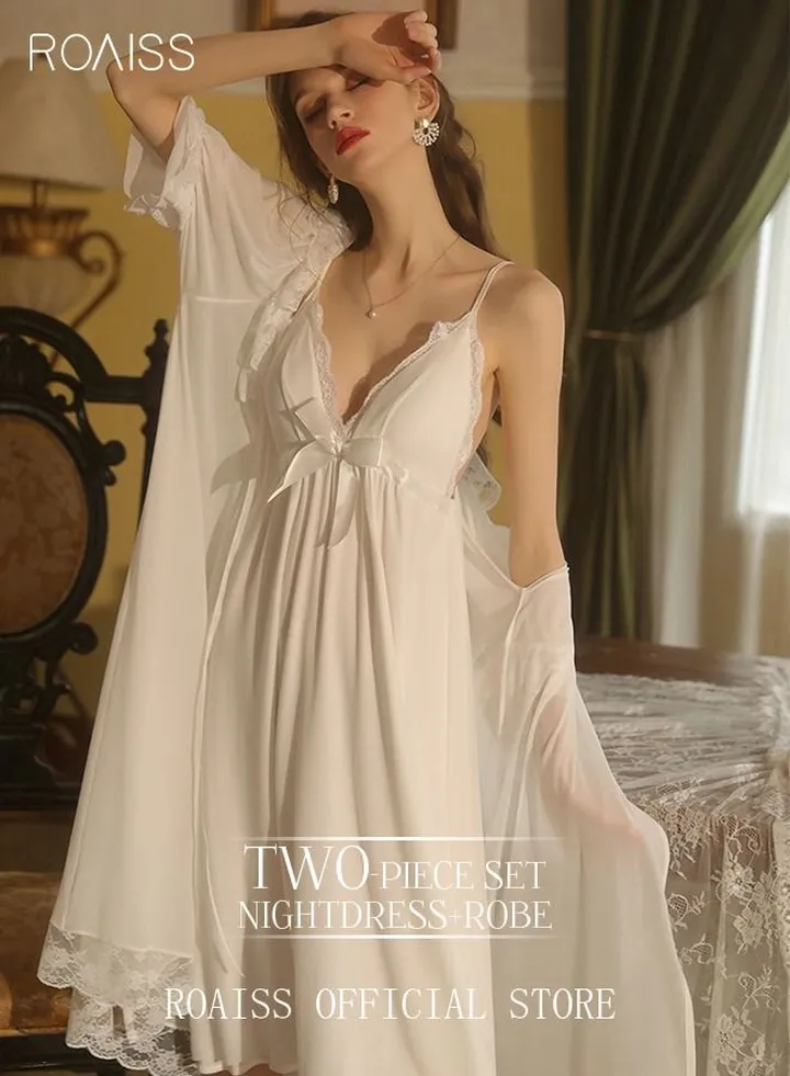 2 Piece Set Night Skirt Solid Women's Lace Pajamas with Chest Pad V-Neck Sling Mesh Sweet Court Retro Nightdress Loungewear Soft Spring Summer Home Wearing Clothes White