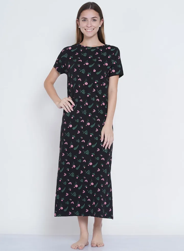 Casual Floral Printed Night Gown Black