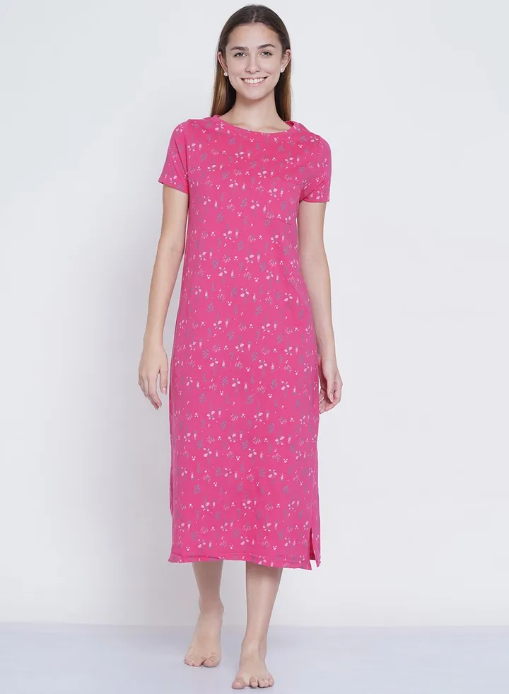Casual Printed Night Gown Dark Pink