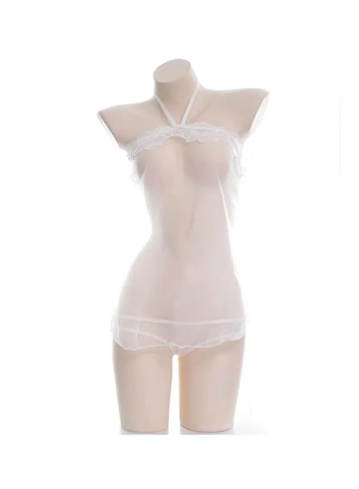 Women's Lingerie Pajama One-Piece Sling Underwear Bodysuit Corset Sweet Lace Backless Hollow Out Sleepwear Deep V One Size white