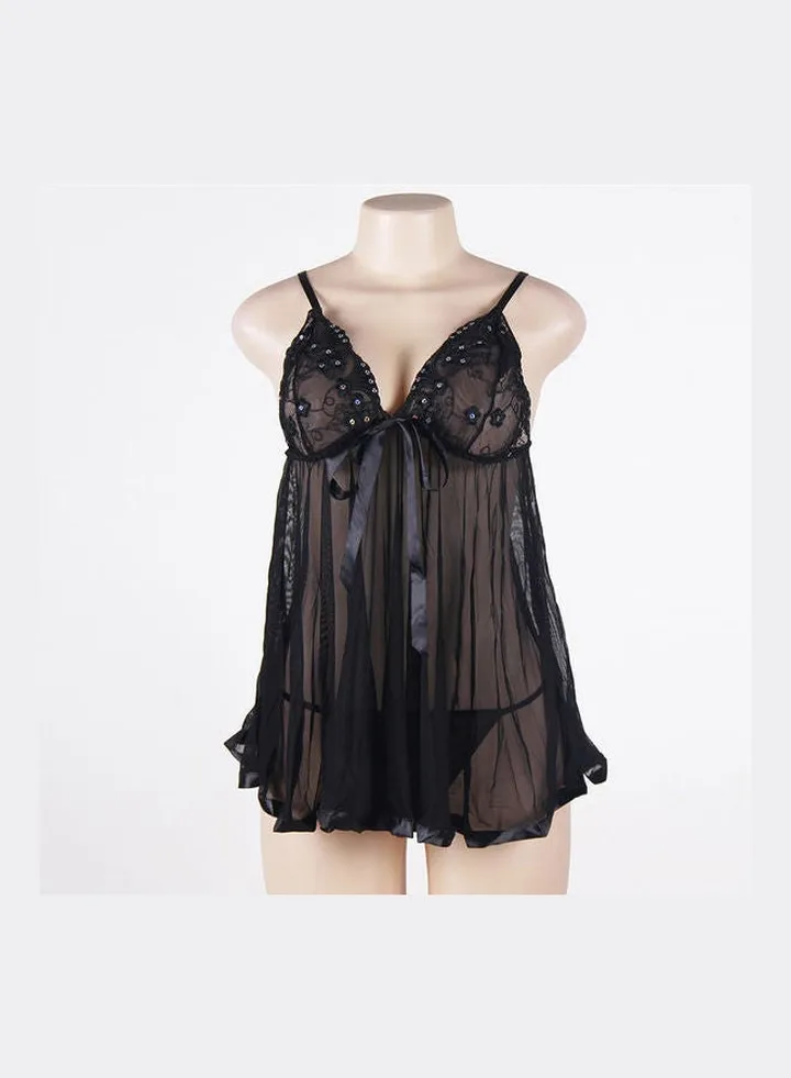 Floral Detail Lace Nightdress Black