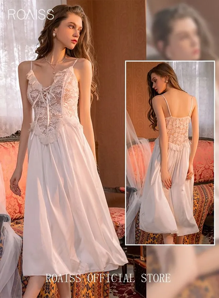 Lace Satin Homewear Women's Sling Sleepwear Sweet Nightwear Hollowed Perspective Sheer Lace Long Nightdress Luxurious Embroidered Nightgown Female Summer White