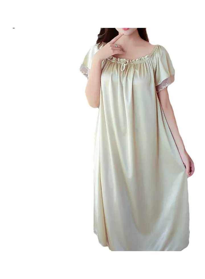 Women Summer Loose Dress Nightdress Solid Colour Sleepwear Nightwear Champagne