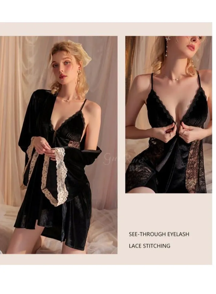 2-piece pajama set women's sweet pajamas lace underwear pajamas home clothing set romantic and elegant pajamas women's spring and autumn robes casual wear black (80-130 pounds)
