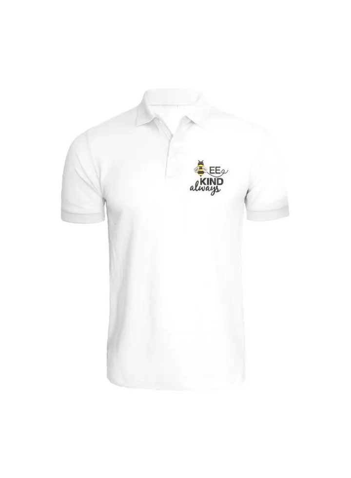 Embroidered (White) Cotton T-shirt (Bee Kind Always) Personalized Polo Neck T-shirt For Women (Small)-Set of 1 pc-220 GSM