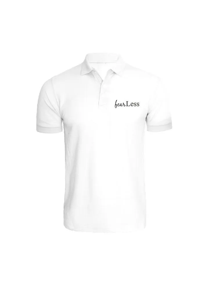Embroidered (White) Cotton T-shirt (Fear Less) Personalized Polo Neck T-shirt For Women (Small)-Set of 1 pc-220 GSM