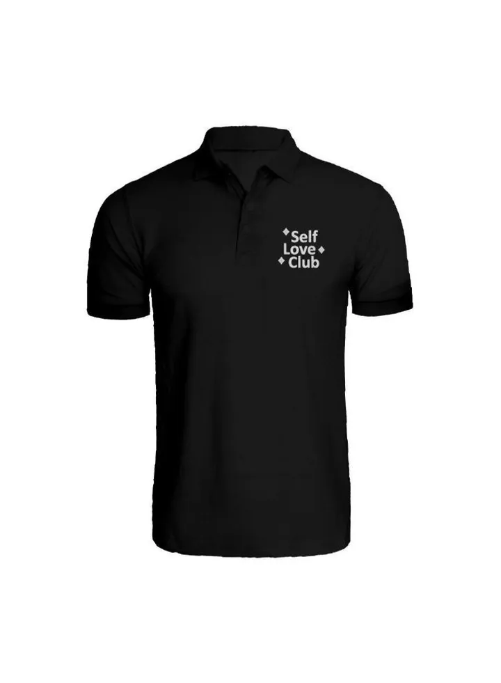 Embroidered (Black) Cotton T-shirt (Self Love Club) Personalized Polo Neck T-shirt For Women (Small)-Set of 1 pc-220 GSM