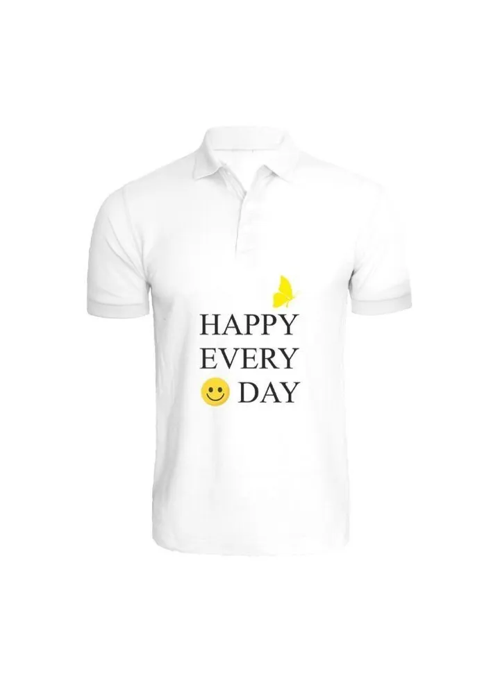 Printed (White) Cotton T-shirt (Happy Every Day) Personalized Polo Neck T-shirt For Women (Small)-Set of 1 pc-220 GSM