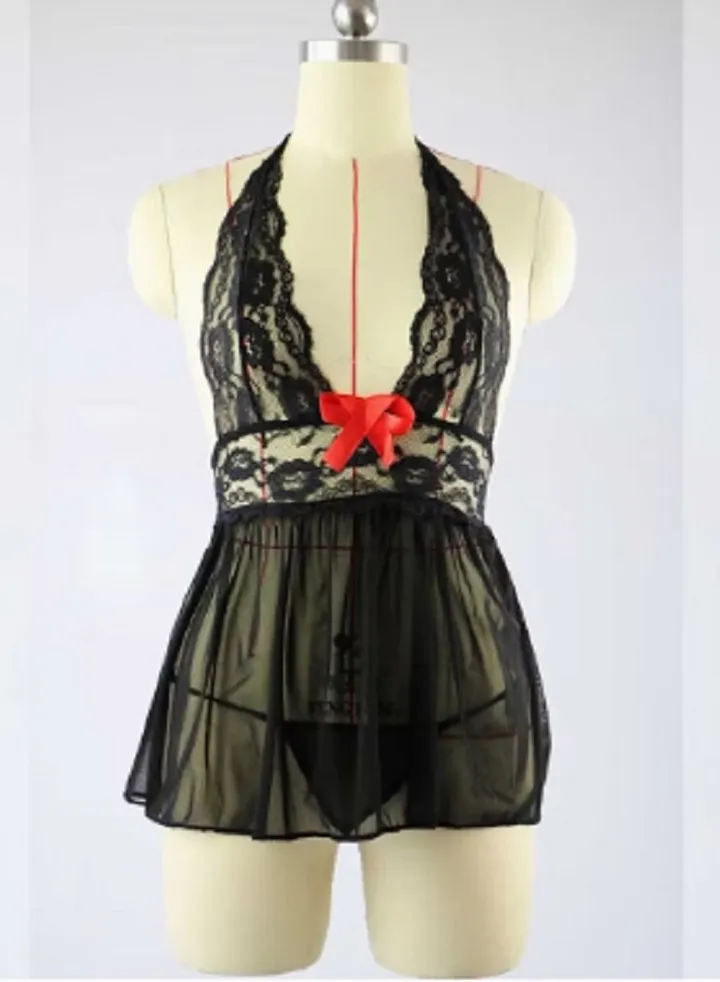 Homewear Women's Hanging Neck Sleepwear Summer Nightwear Lace Dress Black