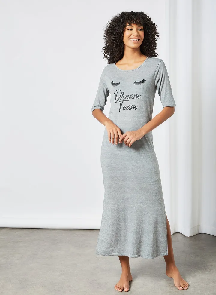 Slogan Print Nightdress Grey