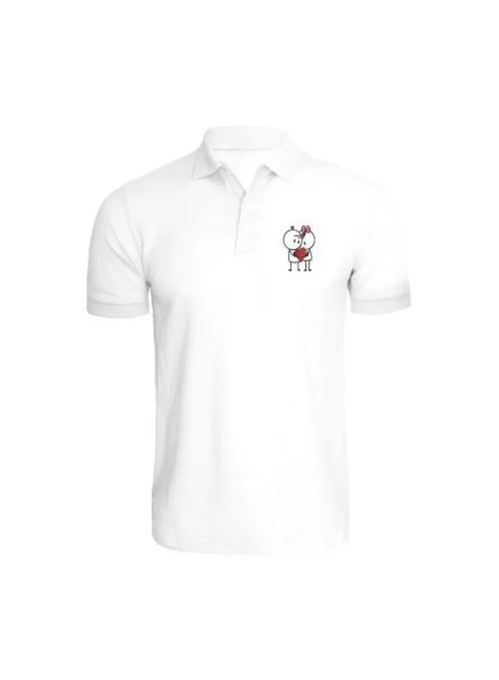 Embroidered (White) Cotton T-shirt (Him & Her with Heart ) Personalized Polo Neck T-shirt For Women (XL)-Set of 1 pc-220 GSM