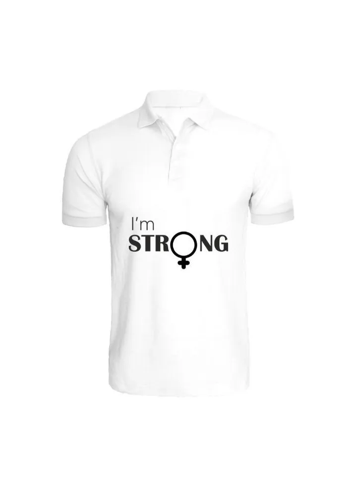 Printed (White) Cotton T-shirt (I am Strong) Personalized Polo Neck T-shirt For Women (Small)-Set of 1 pc-220 GSM
